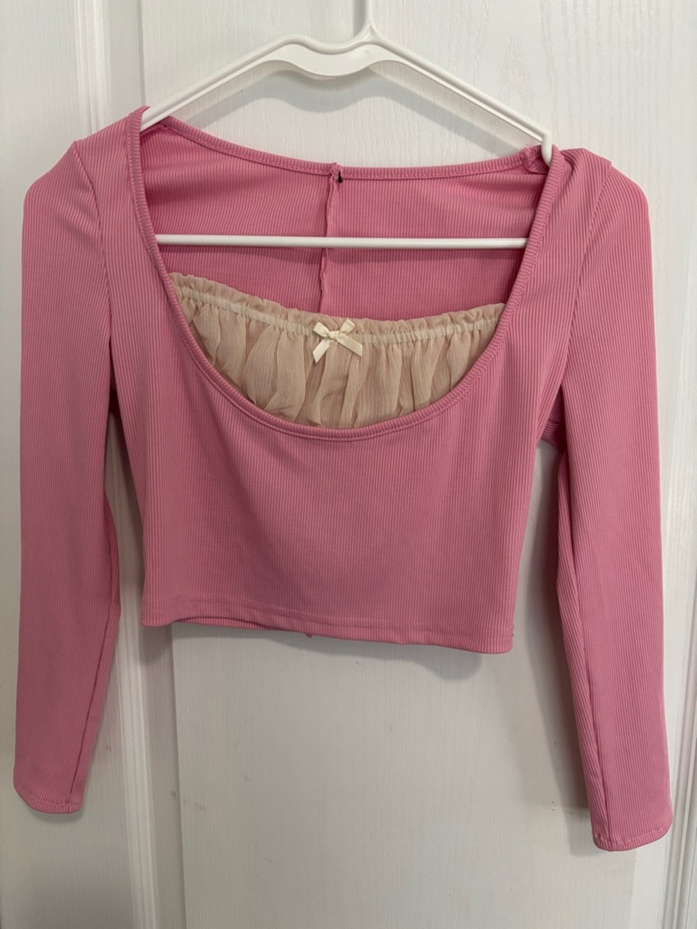 Pink Long-Sleeve Scoop Neck Crop Top
